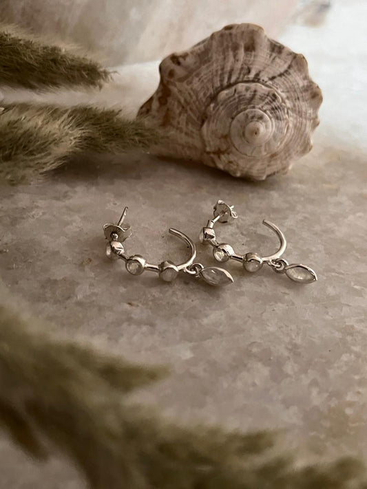 Moonstone Half Hoops Marquise Hanging 925 Sterling Silver Earrings