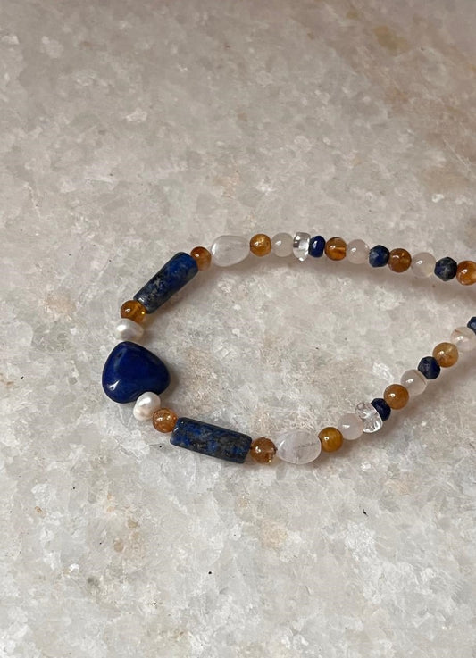 Lapis lazuli, Moonstone, Citrine & Pearl 4mm Round Handcrafted 925 Sterling Silver Bracelet