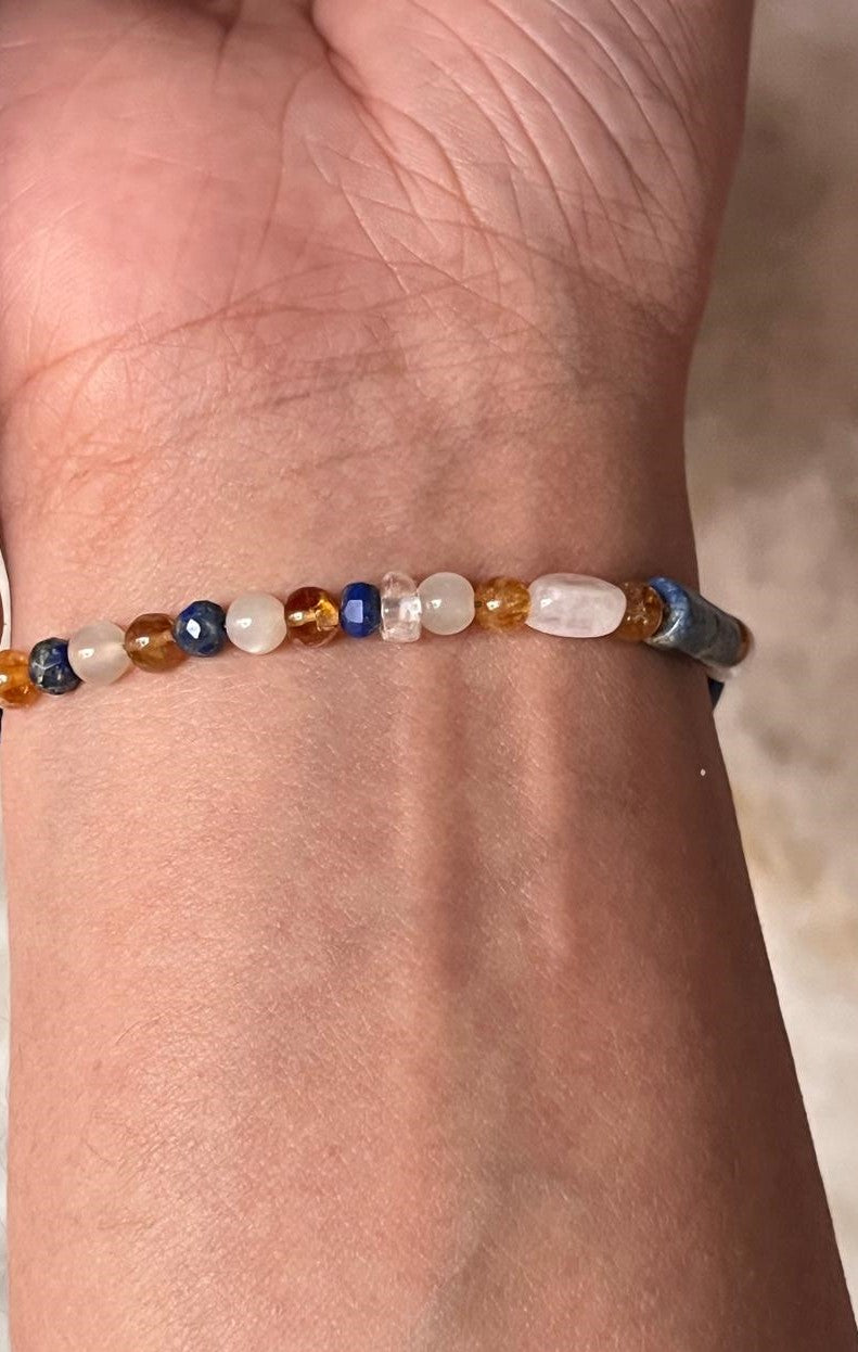 Lapis lazuli, Moonstone, Citrine & Pearl 4mm Round Handcrafted 925 Sterling Silver Bracelet