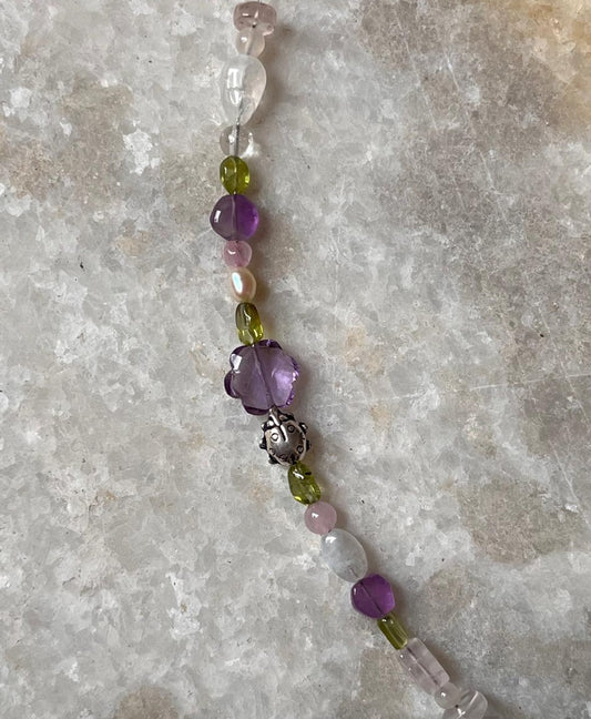 Amethyst Flower, Silver Lady Bug 🐞 , Peridot, Rose Quartz, Clear Quartz, Moonstone & Pearl Handcrafted 925 Sterling Silver Bracelet