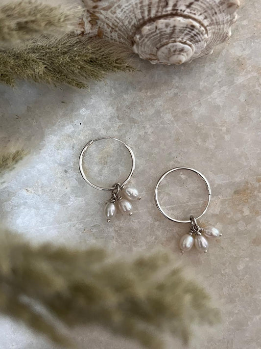 Fresh Water Pearls Charm Hoops 925 Sterling Silver Earrings