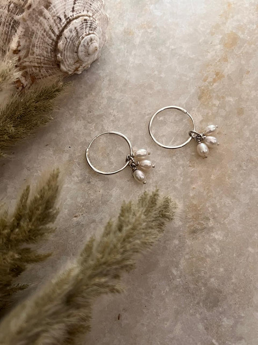 Fresh water Pearls Charm Hoops 925 Sterling Silver Earrings