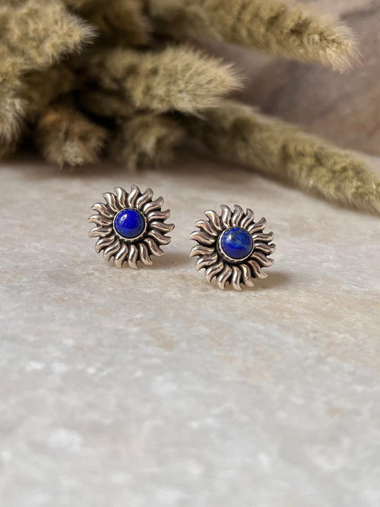 Lapis Sun Statement Studs 925 Sterling Silver Earrings