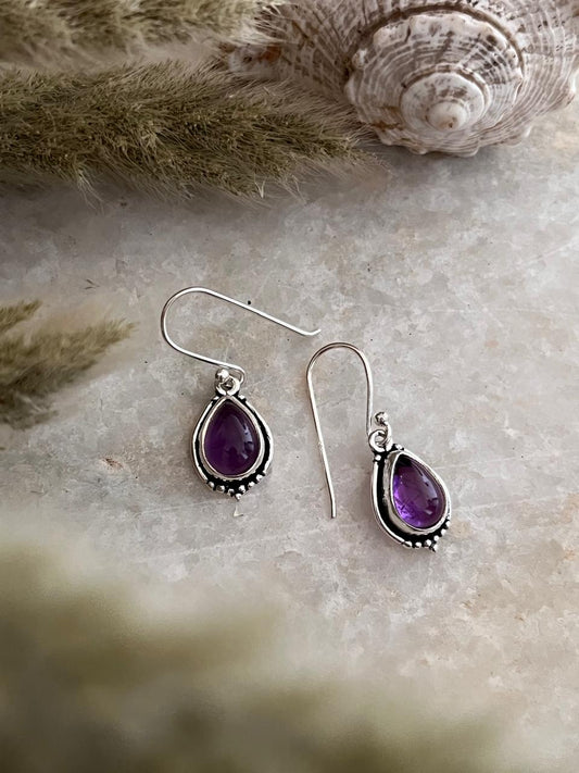 Amethyst Pear Boho Hook 925 Sterling Silver Earrings