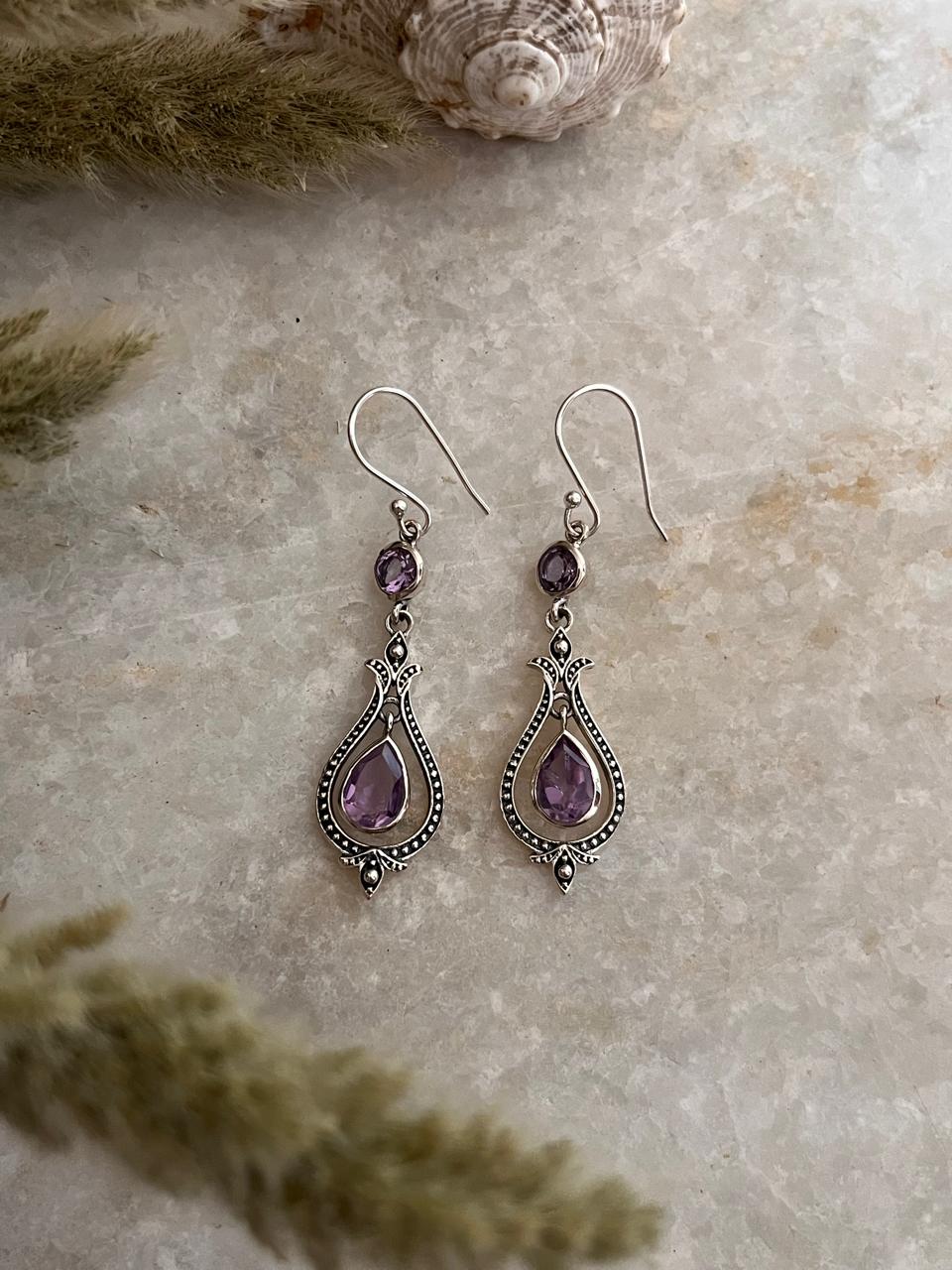 Amethyst Vintage Style Pear & Round Cut 925 Sterling Silver Earrings