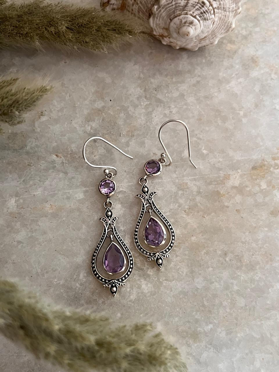 Amethyst Vintage Style Pear & Round Cut 925 Sterling Silver Earrings