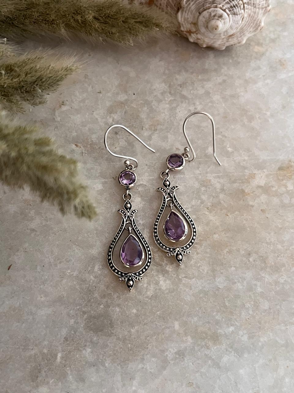 Amethyst Vintage Style Pear & Round Cut 925 Sterling Silver Earrings