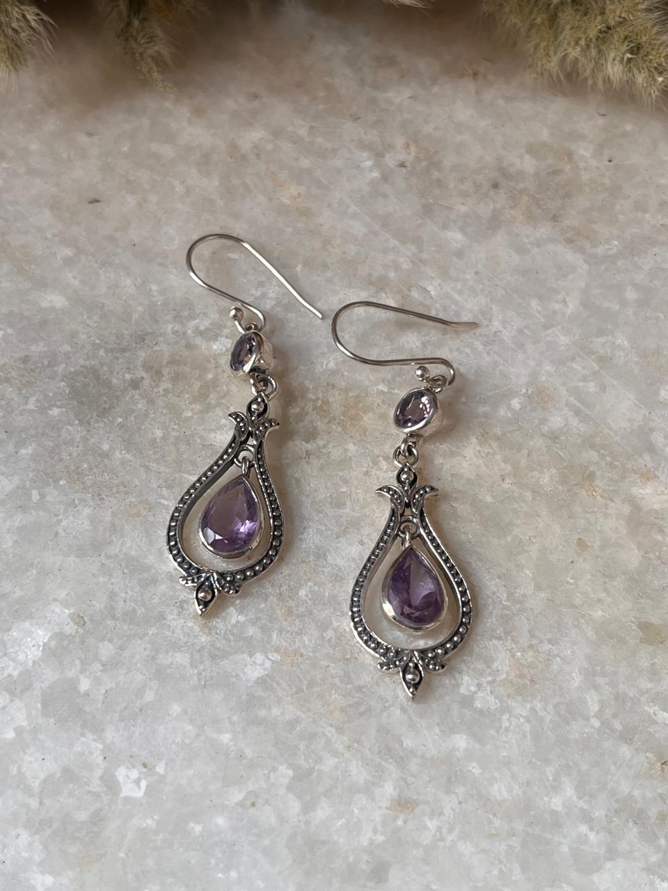 Amethyst Vintage Style Pear & Round Cut 925 Sterling Silver Earrings
