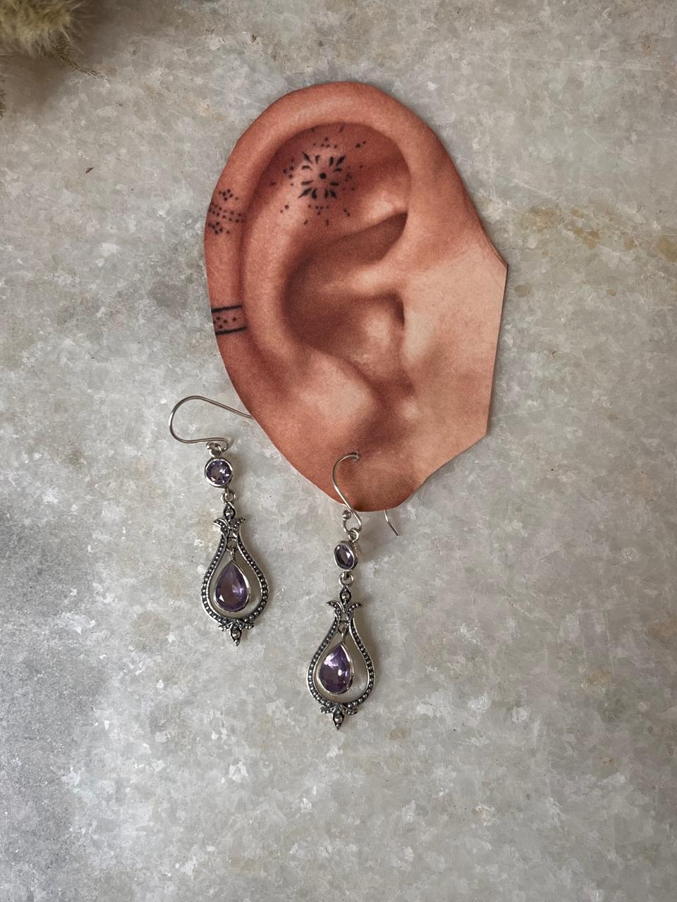 Amethyst Vintage Style Pear & Round Cut 925 Sterling Silver Earrings