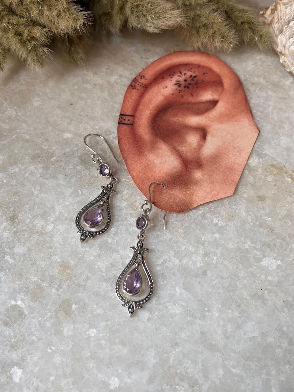 Amethyst Vintage Style Pear & Round Cut 925 Sterling Silver Earrings