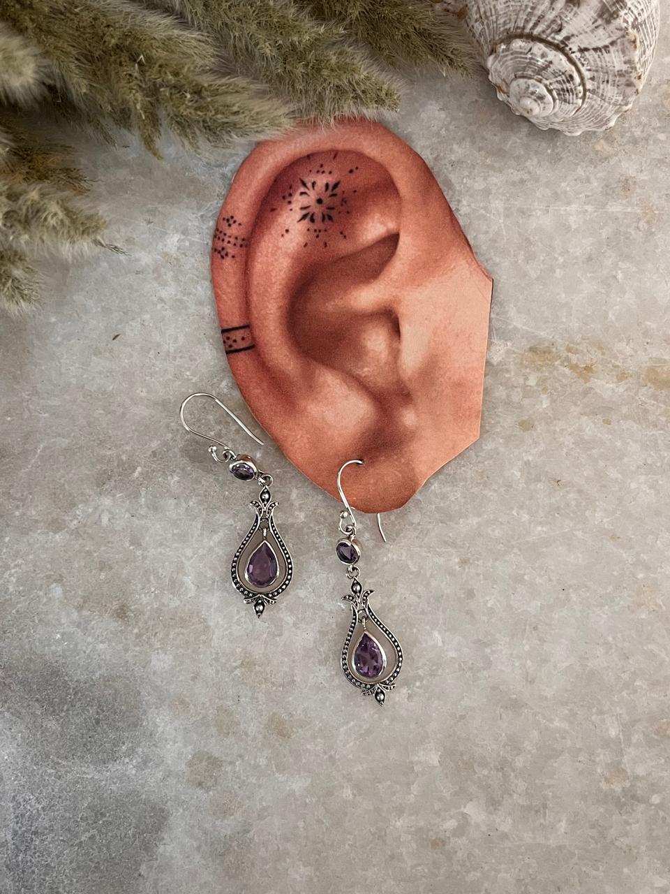 Amethyst Vintage Style Pear & Round Cut 925 Sterling Silver Earrings