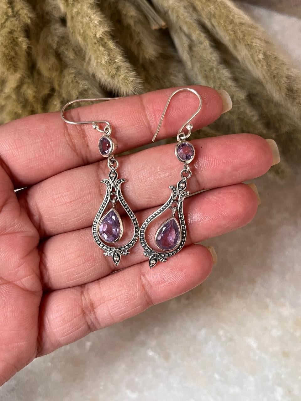 Amethyst Vintage Style Pear & Round Cut 925 Sterling Silver Earrings