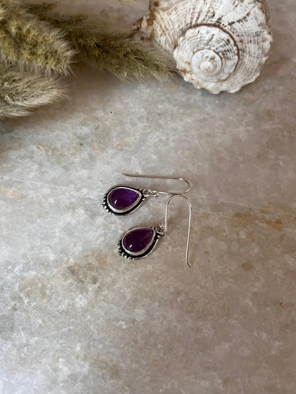 Amethyst Pear Boho Hook 925 Sterling Silver Earrings