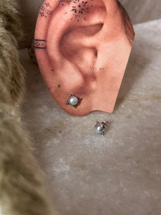 Fresh Water Pearl Boho Rawa Round Studs 925 Sterling Silver Earrings