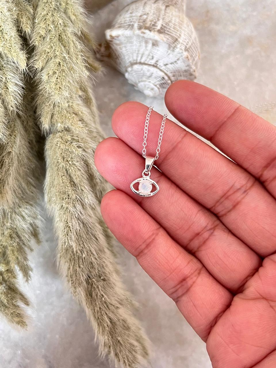 Moonstone Tiny Evil Eye 925 Sterling Silver Necklace