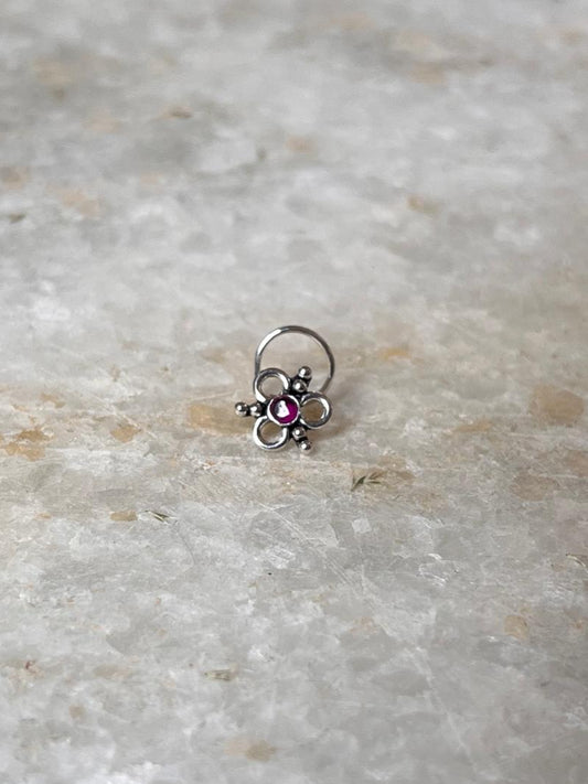Tribal Rawa Pink CZ Stone Wired Back 925 Sterling Silver Nose Pin  