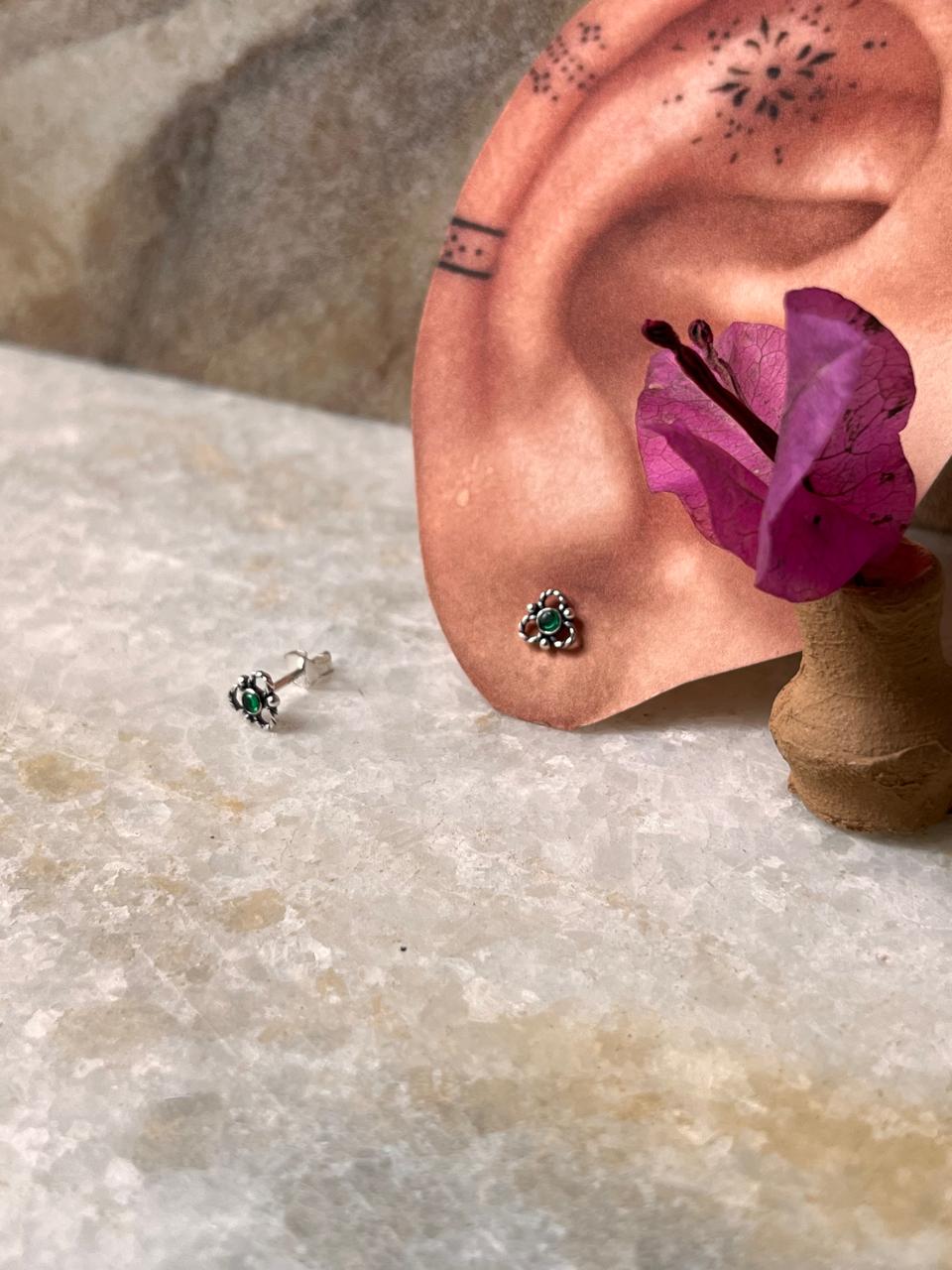 Flower Green Cz Stone Studs 925 Sterling Silver Earrings