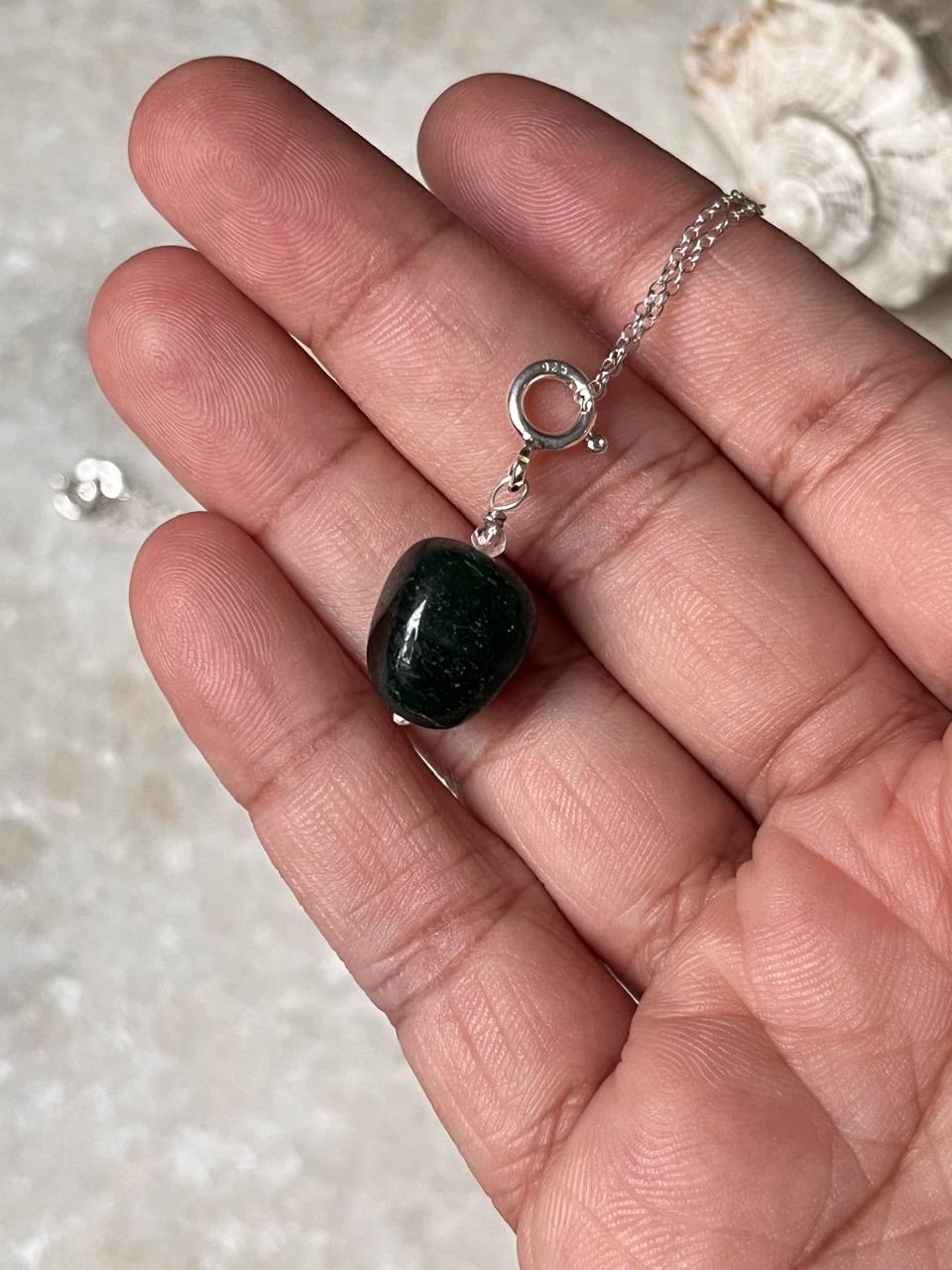 Minimalist green aventurine dark crystal sterling silver pendant