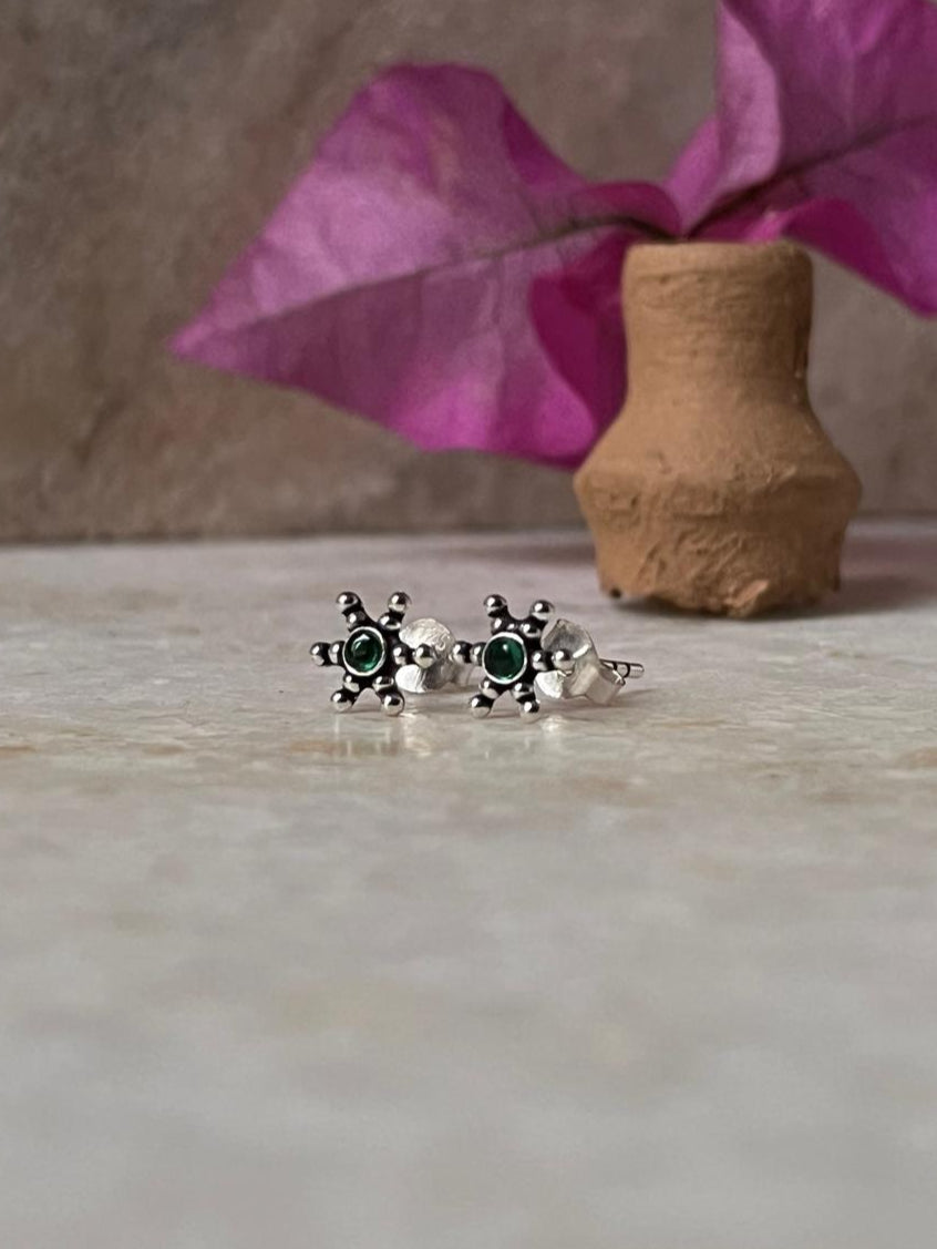 Rawa Flower Green Cz Stone Studs 925 Sterling Silver Earrings