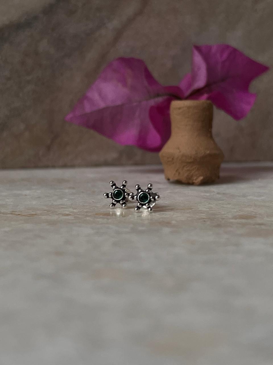 Rawa Flower Green Cz Stone Studs 925 Sterling Silver Earrings