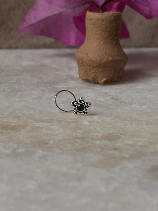 Tribal Rawa Green CZ Stone Wired Back 925 Sterling Silver Nose Pin  