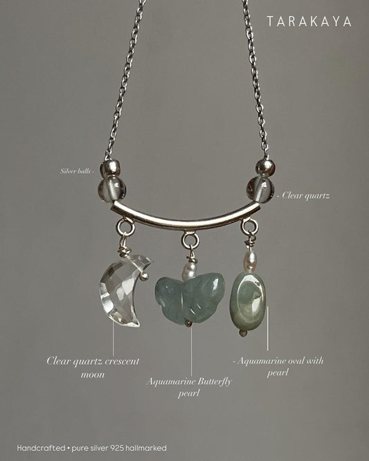 Lunar Garden- Aquamarine Butterfly, Tumble & Clear Quartz Moon Charms 925 Sterling Silver Necklace