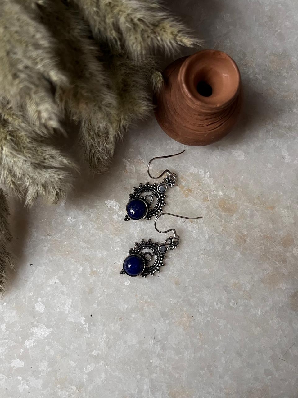 Lapis Boho Crown 925 Sterling Silver Earrings