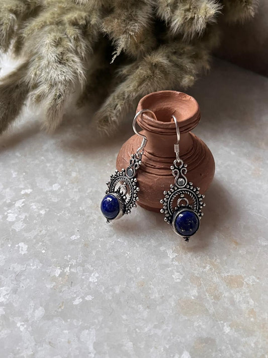 Lapis Boho Crown 925 Sterling Silver Earrings