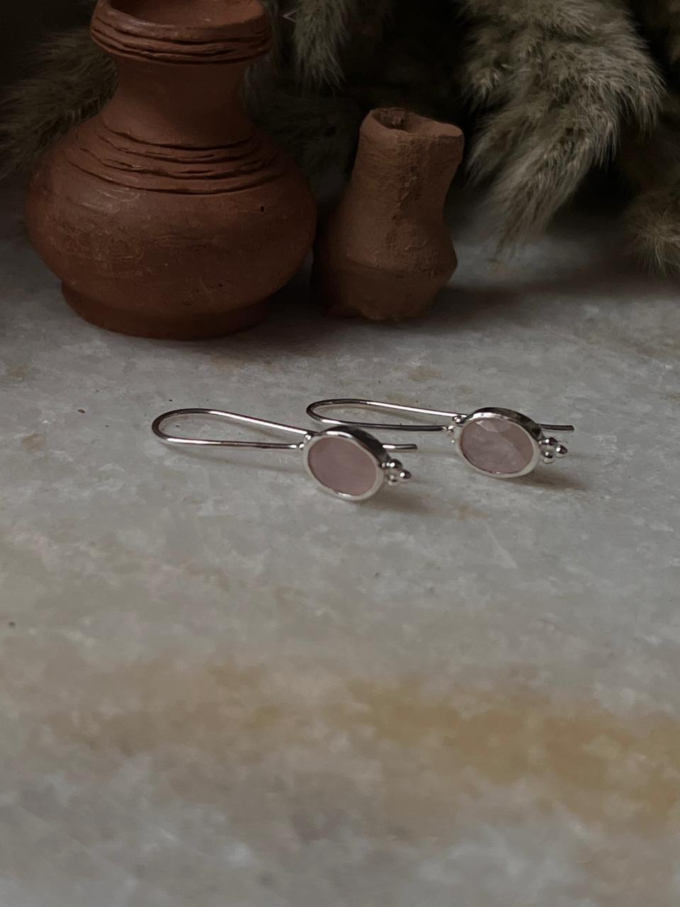 Pink rose quartz gemstone earrings with boho silver hooks