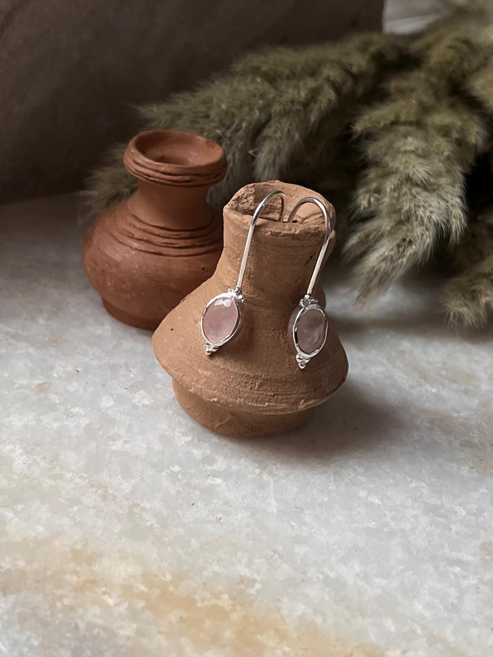 Rose Quartz boho hook earrings in 925 sterling silver  