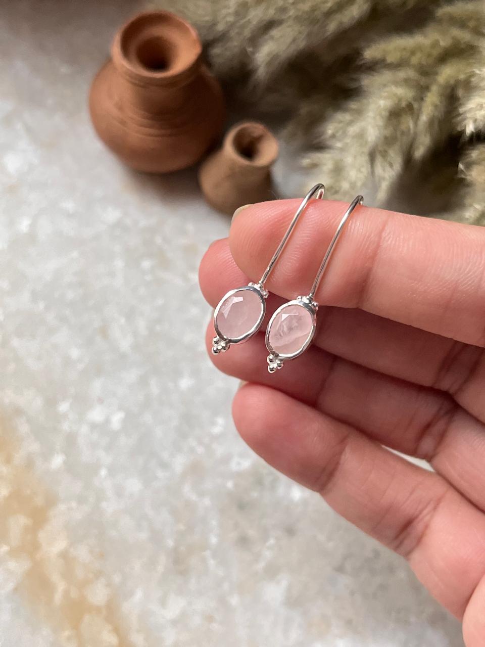 Handcrafted sterling silver hook earrings with rose quartz  