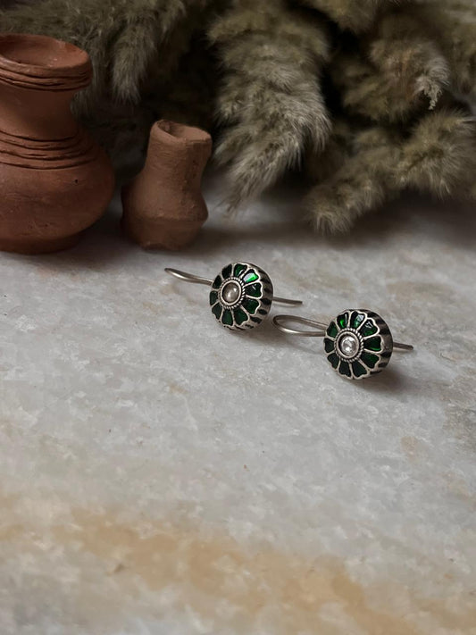 Green Mid White Kundan 925 Sterling Silver Earrings