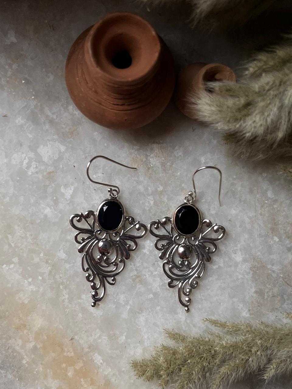 Handcrafted sterling silver earrings with black onyx vintage design  