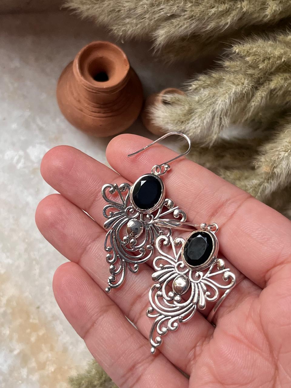 Vintage inspired black onyx motif earrings handmade in silver  