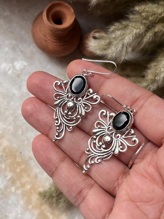 Black Onyx Vintage Motif Statement 925 Sterling Silver Earrings