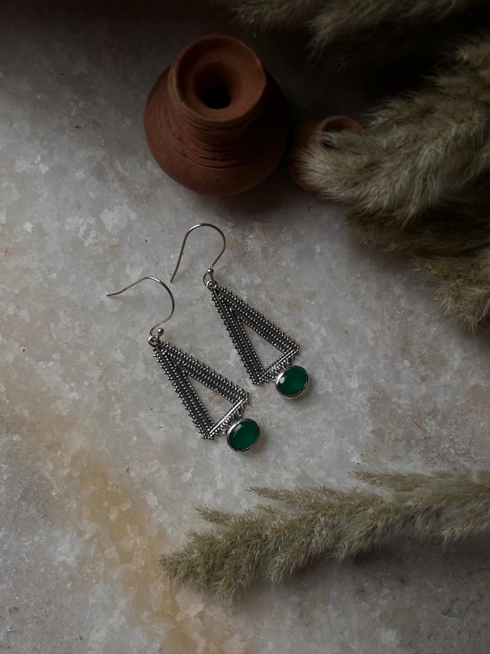Green Onyx Triangle Tribal 925 Sterling Silver Earrings