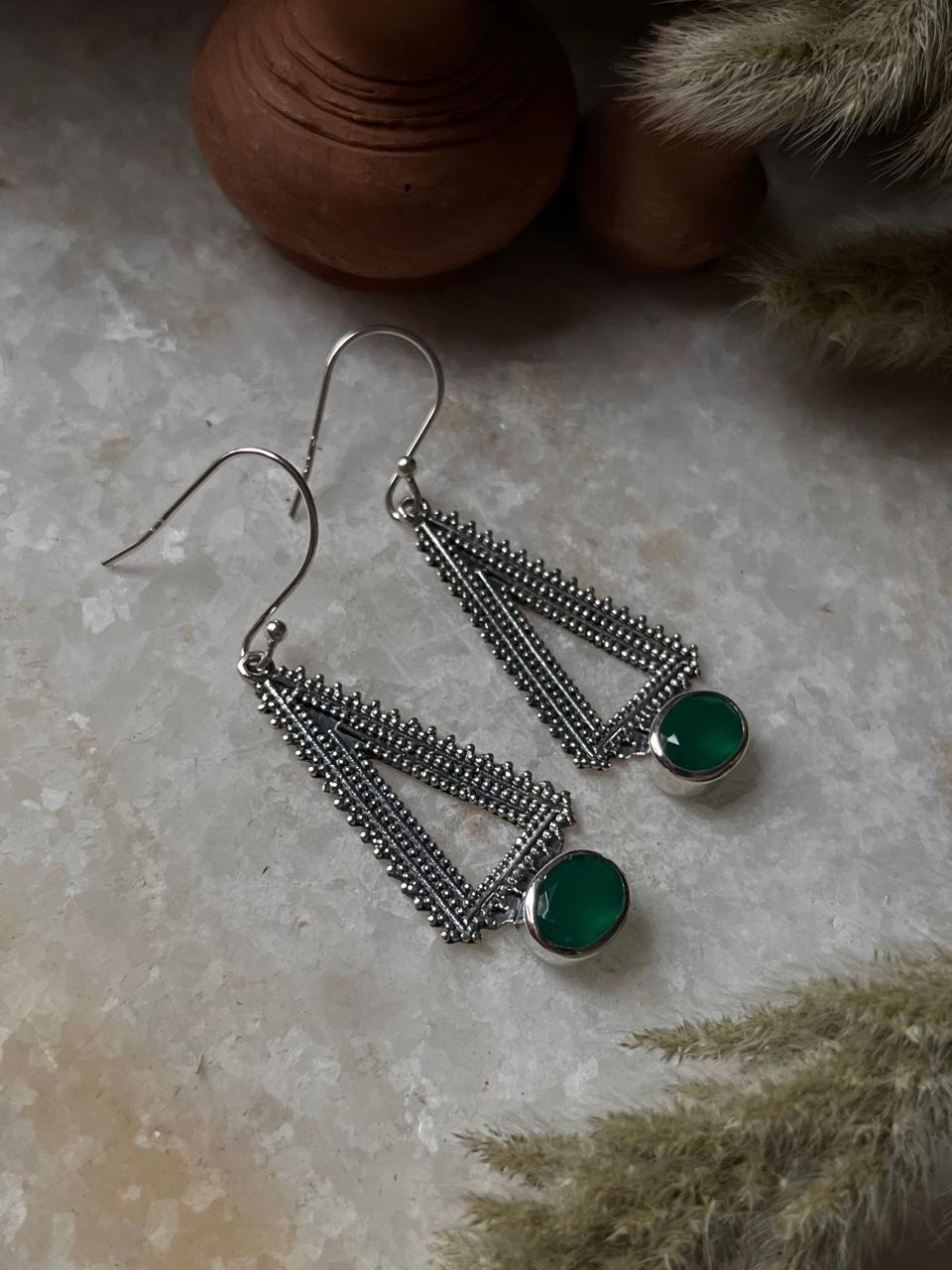Green Onyx Triangle Tribal 925 Sterling Silver Earrings