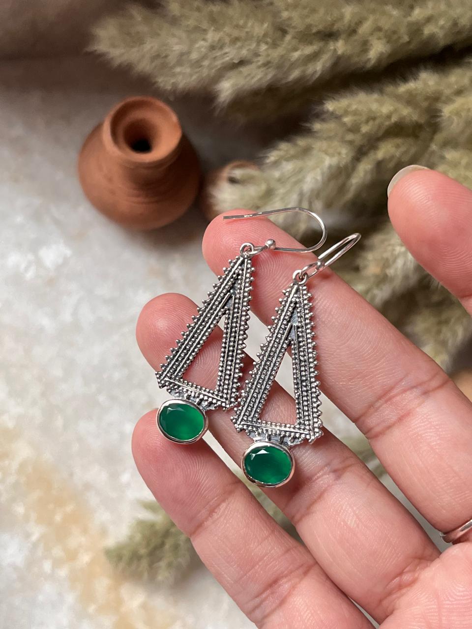 Green Onyx Triangle Tribal 925 Sterling Silver Earrings