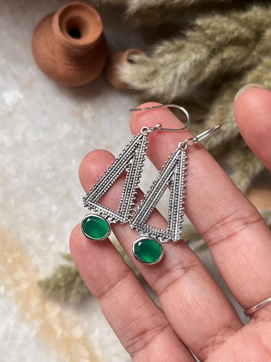 Green Onyx Triangle Tribal 925 Sterling Silver Earrings