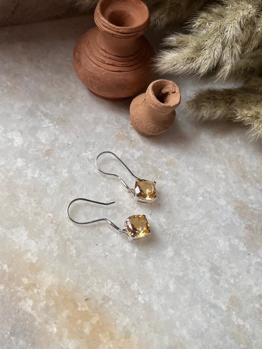 Citrine Square Cut Hanging 925 Sterling Silver Earrings