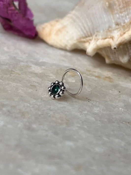 Tribal rawa green CZ stone wired back 925 sterling silver nose pin  