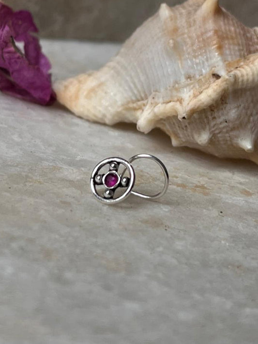 Tribal rawa pink CZ stone wired back nose pin 925 sterling silver  