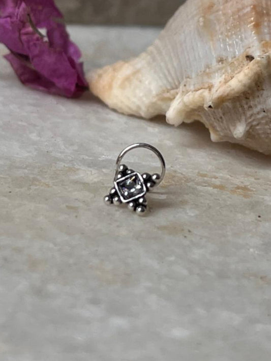 Tribal rawa white CZ stone wired back 925 sterling silver nose pin  