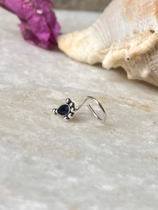 Tribal rawa blue CZ stone wired back 925 sterling silver nose pin  