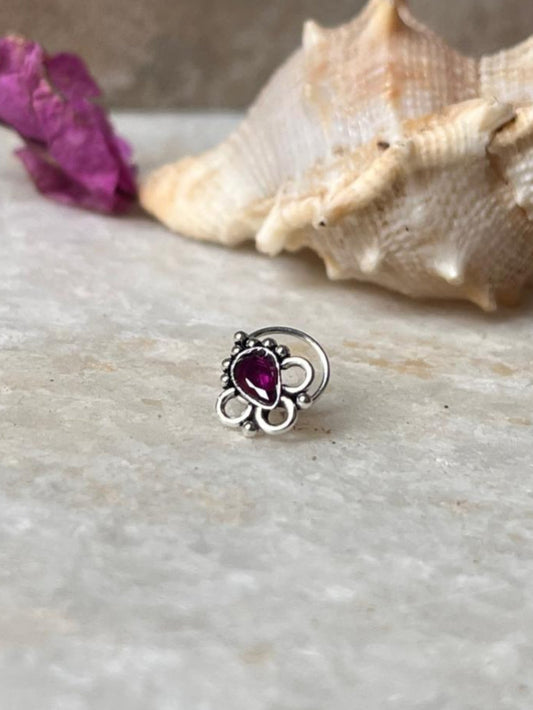 Tribal rawa pink CZ stone wired back 925 sterling silver nose pin  