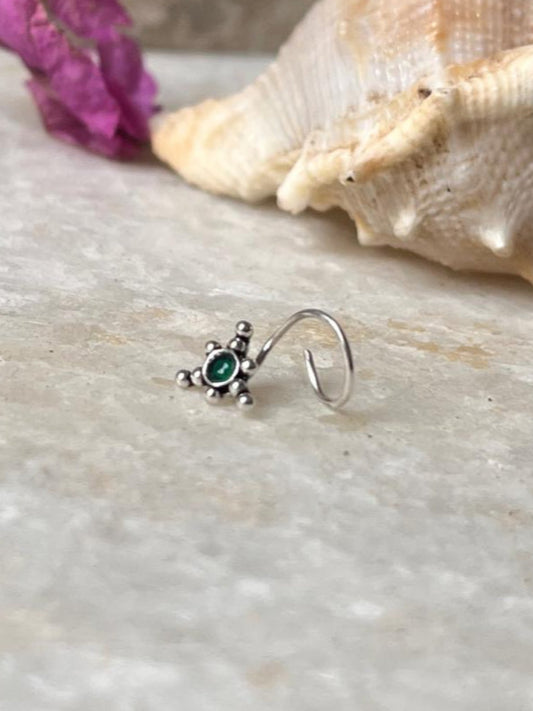 Tribal rawa green CZ stone wired back 925 sterling silver nose pin  