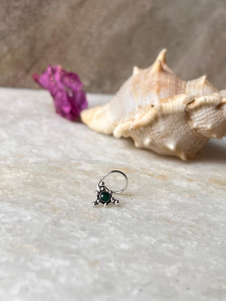 Ethnic tribal rawa green CZ nose stud in sterling silver  