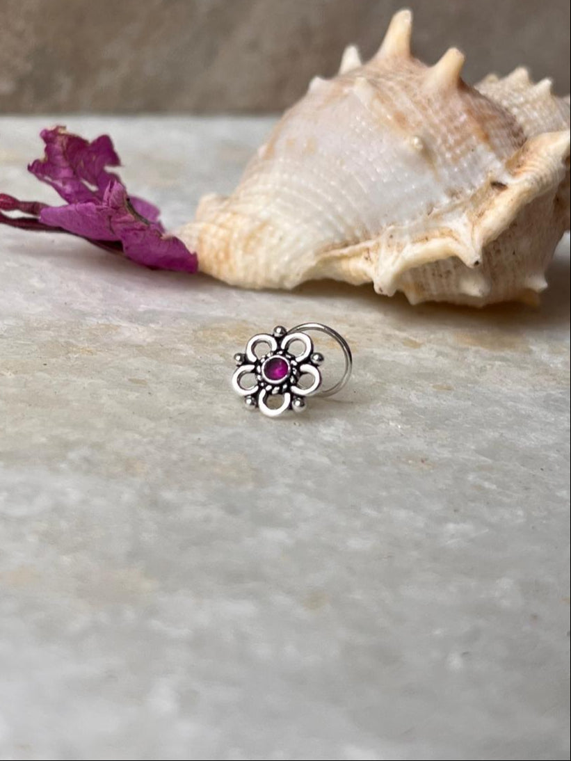 Tribal Rawa Pink Cz Stone Wired Back 925 Sterling Silver Nose pin