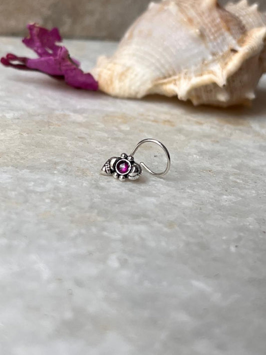 Tribal rawa pink CZ stone wired back 925 sterling silver nose pin  