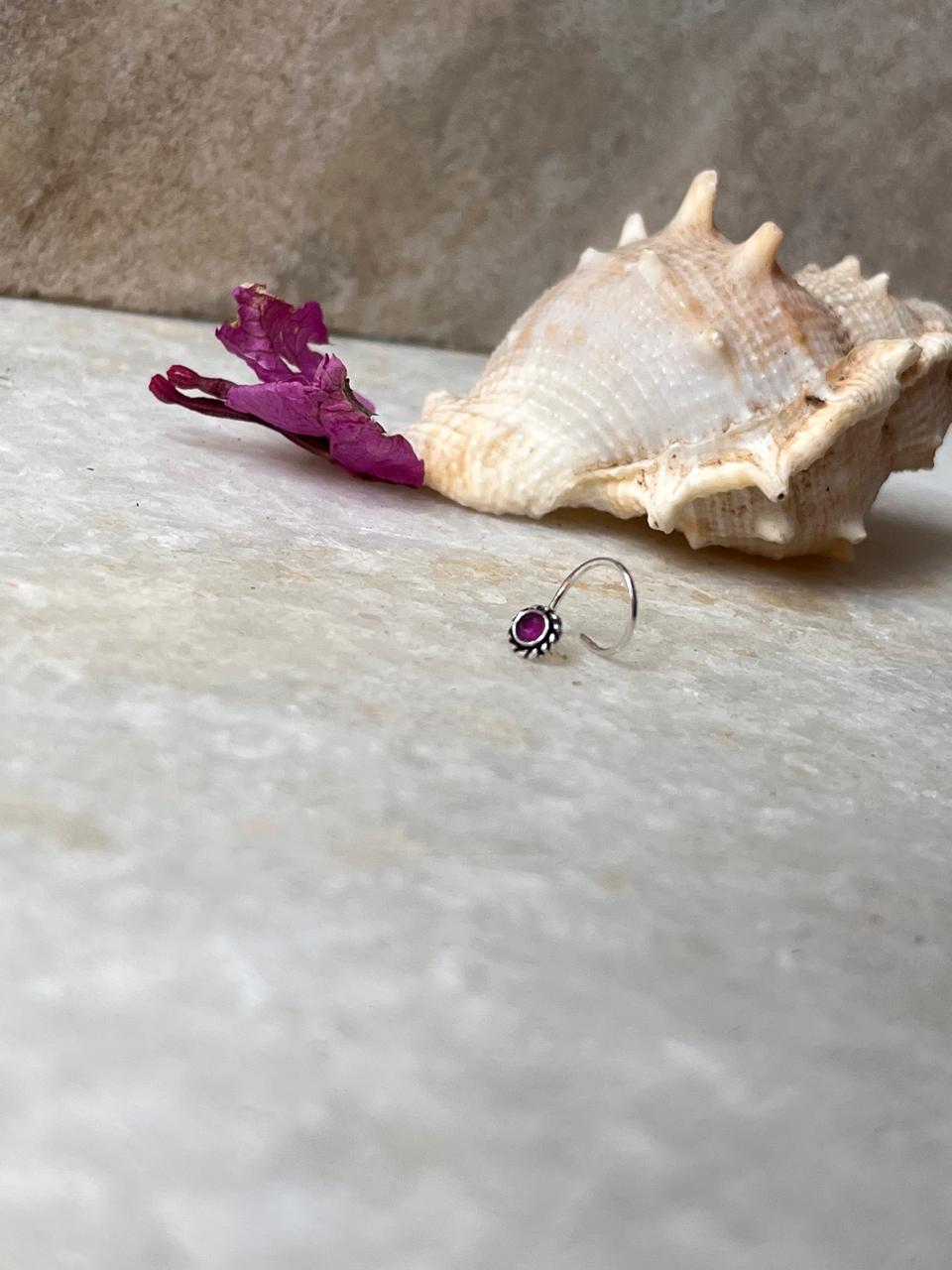 925 sterling silver wired back nose pin pink CZ tribal design